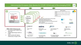 National
Infrastructure
s
- Data Spaces
- Cloud
- Workflows
- Expert
support
- link national (Node) infrastructures into Interconnected
European Data Spaces for COVID-19
- Open & Reproducible Workflows and Tools
- Connect experts across Europe to build capacity and support
national operations
- Pilot connections for B1MG via federated EGA
EUropean COVID-
19 Data
Platform
COVID-19
Portal
SARS-CoV-2
Data Hubs
- COVID-19 BioBank
directory
- Regulatory support
- Alliance Medical RI (w BBMRI
& ECRIN)
- Clinical Trial Repository (Data)
- COVID-19 Clinical trial
taskforce
- Emergency Archiving
- Disease models (Mouse
strains)
- Access to containment
facilities (Class IV )
- Drug repurposing screens
- Access to Screening / Med
Chem facilities
- Priority access to EM, NMR and
X- ray facilities for imaging and
structure based drug design
- Priority access to imaging
facilities
EOSC-Life actions:
1. Researcher data access – open & link RI data for COVID19
research
2. Broad and open access to analysis and integration workflows
(Galaxy)
3. Orchestrate data flows across infrastructures and European
platforms
4. Fast track User access
EMBL COVID-19 Response plan
1. Link national labs to SARS-CoV-2
Data Hubs
2. Integrate data through COVID-19
Portal
3. Align & connect with national
infrastructures through ELIXIR
Interconnected European Data Spaces for COVID-19 form part of the emerging EOSC
 