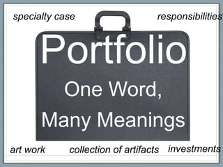 specialty case                  responsibilities



      Portfolio
           One Word,
       Many Meanings
art work    collection of artifacts investments
 
