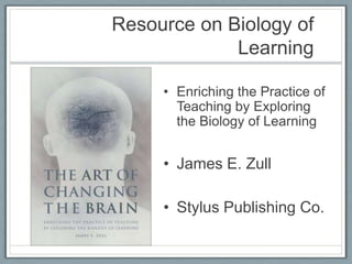Resource on Biology of
             Learning

     • Enriching the Practice of
       Teaching by Exploring
       the Biology of Learning


     • James E. Zull

     • Stylus Publishing Co.
 