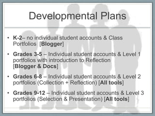 Developmental Plans
• K-2– no individual student accounts & Class
  Portfolios [Blogger]
• Grades 3-5 – Individual student accounts & Level 1
  portfolios with introduction to Reflection
  [Blogger & Docs]
• Grades 6-8 – Individual student accounts & Level 2
  portfolios (Collection + Reflection) [All tools]
• Grades 9-12 – Individual student accounts & Level 3
  portfolios (Selection & Presentation) [All tools]
 