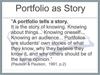 Portfolio as Story
"A portfolio tells a story.
It is the story of knowing. Knowing
about things... Knowing oneself...
Knowing an audience... Portfolios
are students' own stories of what
they know, why they believe they
know it, and why others should be of
the same opinion.”
(Paulson & Paulson, 1991, p.2)
 