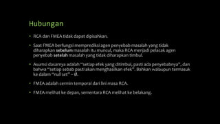 Hubungan
• RCA dan FMEA tidak dapat dipisahkan.
• Saat FMEA berfungsi memprediksi agen penyebab masalah yang tidak
diharapkan sebelum masalah itu muncul, maka RCA menjadi pelacak agen
penyebab setelah masalah yang tidak diharapkan timbul.
• Asumsi dasarnya adalah “setiap efek yang ditimbul, pasti ada penyebabnya”, dan
bahwa “setiap sebab pasti akan menghasilkan efek”. Bahkan walaupun termasuk
ke dalam “null set” – Ø.
• FMEA adalah cermin temporal dari lini masa RCA.
• FMEA melihat ke depan, sementara RCA melihat ke belakang.
 