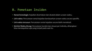 B. Pemetaan Insiden
• Narasi kronologis: Kejadian diceritakan dan dicatat dalam urutan waktu.
• Lini waktu: Pencatatan rantai kejadian berdasarkan urutan waktu secara spesifik.
• Lini waktu tersusun: Pencatatan rantai kejadian secara lebih mendetail.
• Kisi-kisi Waktu Orang: Pencatatan kondisi dan situasi per individu, diharapkan
bisa mendapatkan apa yang terjadi pada saat itu.
 
