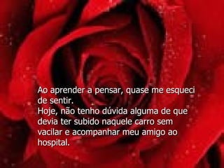 Ao aprender a pensar, quase me esqueci de sentir. Hoje, não tenho dúvida alguma de que devia ter subido naquele carro sem vacilar e acompanhar meu amigo ao hospital. 
