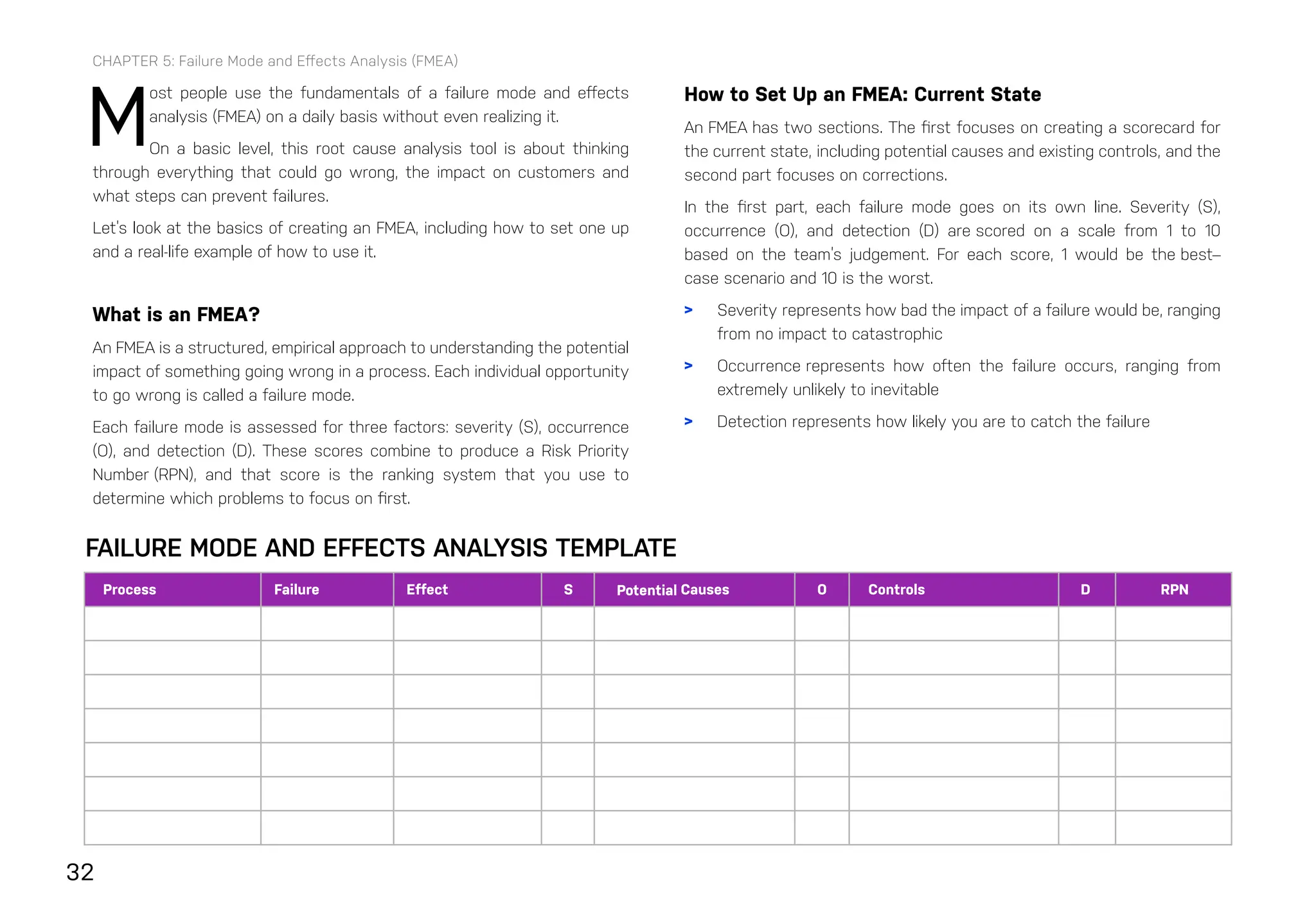 32
CHAPTER 5: Failure Mode and Effects Analysis (FMEA)
M
ost people use the fundamentals of a failure mode and effects
analysis (FMEA) on a daily basis without even realizing it.
On a basic level, this root cause analysis tool is about thinking
through everything that could go wrong, the impact on customers and
what steps can prevent failures.  
Let’s look at the basics of creating an FMEA, including how to set one up
and a real-life example of how to use it.
What is an FMEA?
An FMEA is a structured, empirical approach to understanding the potential
impact of something going wrong in a process. Each individual opportunity
to go wrong is called a failure mode.  
Each failure mode is assessed for three factors: severity (S), occurrence
(O), and detection (D). These scores combine to produce a Risk Priority
Number (RPN), and that score is the ranking system that you use to
determine which problems to focus on first.
How to Set Up an FMEA: Current State
An FMEA has two sections. The first focuses on creating a scorecard for
the current state, including potential causes and existing controls, and the
second part focuses on corrections.
In the first part, each failure mode goes on its own line. Severity (S),
occurrence (O), and detection (D) are scored on a scale from 1 to 10
based on the team’s judgement. For each score, 1 would be the best–
case scenario and 10 is the worst.
> Severity represents how bad the impact of a failure would be, ranging
from no impact to catastrophic
> Occurrence represents how often the failure occurs, ranging from
extremely unlikely to inevitable
> Detection represents how likely you are to catch the failure
FAILURE MODE AND EFFECTS ANALYSIS TEMPLATE
Potential
 