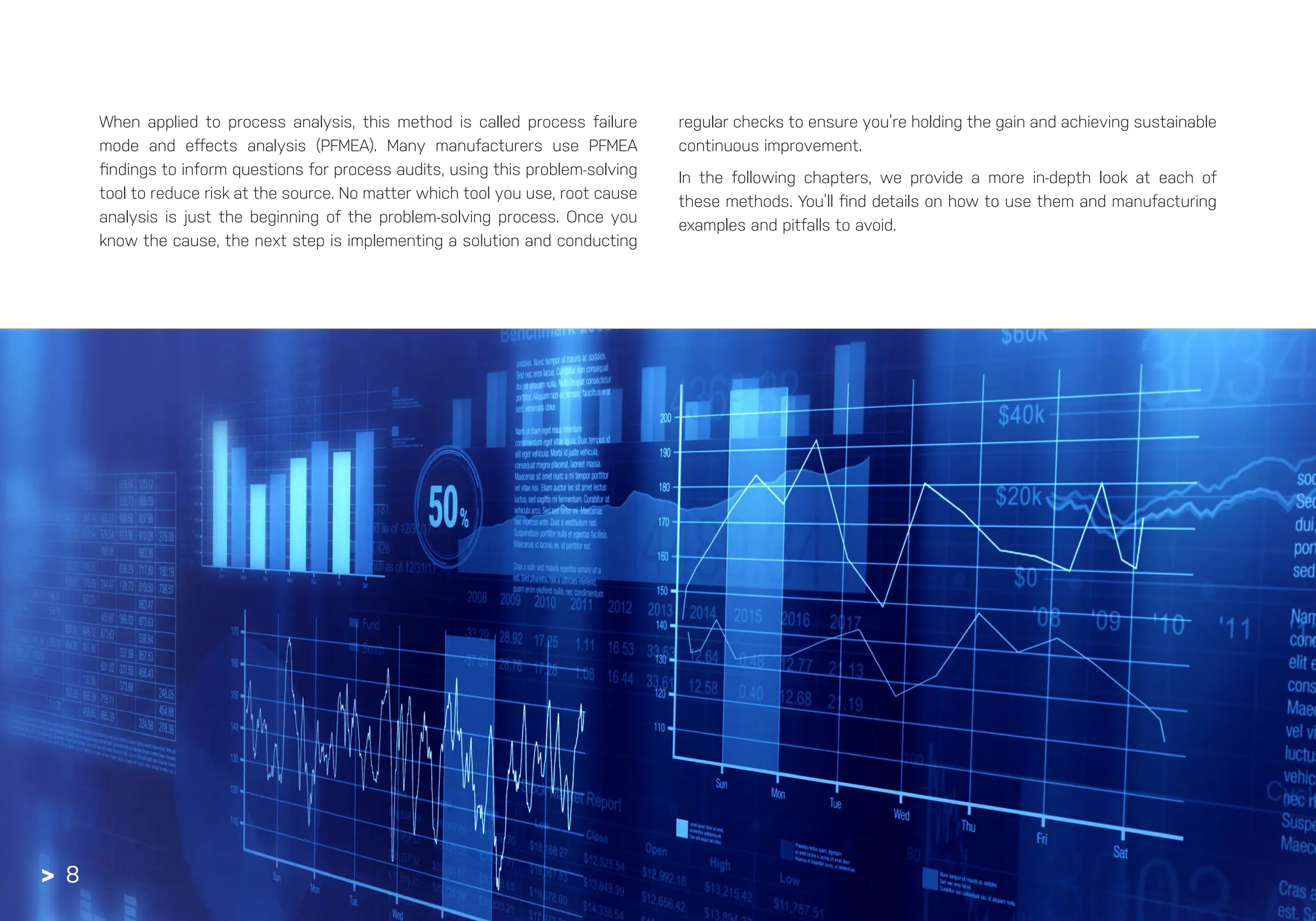 8
When applied to process analysis, this method is called process failure
mode and effects analysis (PFMEA). Many manufacturers use PFMEA
findings to inform questions for process audits, using this problem-solving
tool to reduce risk at the source. No matter which tool you use, root cause
analysis is just the beginning of the problem-solving process. Once you
know the cause, the next step is implementing a solution and conducting
regular checks to ensure you’re holding the gain and achieving sustainable
continuous improvement.
In the following chapters, we provide a more in-depth look at each of
these methods. You’ll find details on how to use them and manufacturing
examples and pitfalls to avoid.
 