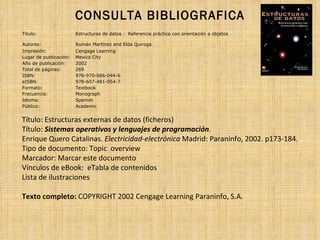CONSULTA BIBLIOGRAFICA
Título:                 Estructuras de datos : Referencia práctica con orientación a objetos

Autores:                Román Martínez and Elda Quiroga.
Impresión:              Cengage Learning
Lugar de publicación:   Mexico City
Año de publicación:     2002
Total de páginas:       269
ISBN:                   978-970-686-044-6
eISBN:                  978-607-481-054-7
Formato:                Textbook
Frecuencia:             Monograph
Idioma:                 Spanish
Público:                Academic


Título: Estructuras externas de datos (ficheros)
Título: Sistemas operativos y lenguajes de programación.
Enrique Quero Catalinas. Electricidad-electrónica Madrid: Paraninfo, 2002. p173-184.
Tipo de documento: Topic overview
Marcador: Marcar este documento
Vínculos de eBook: eTabla de contenidos
Lista de ilustraciones

Texto completo: COPYRIGHT 2002 Cengage Learning Paraninfo, S.A.
 