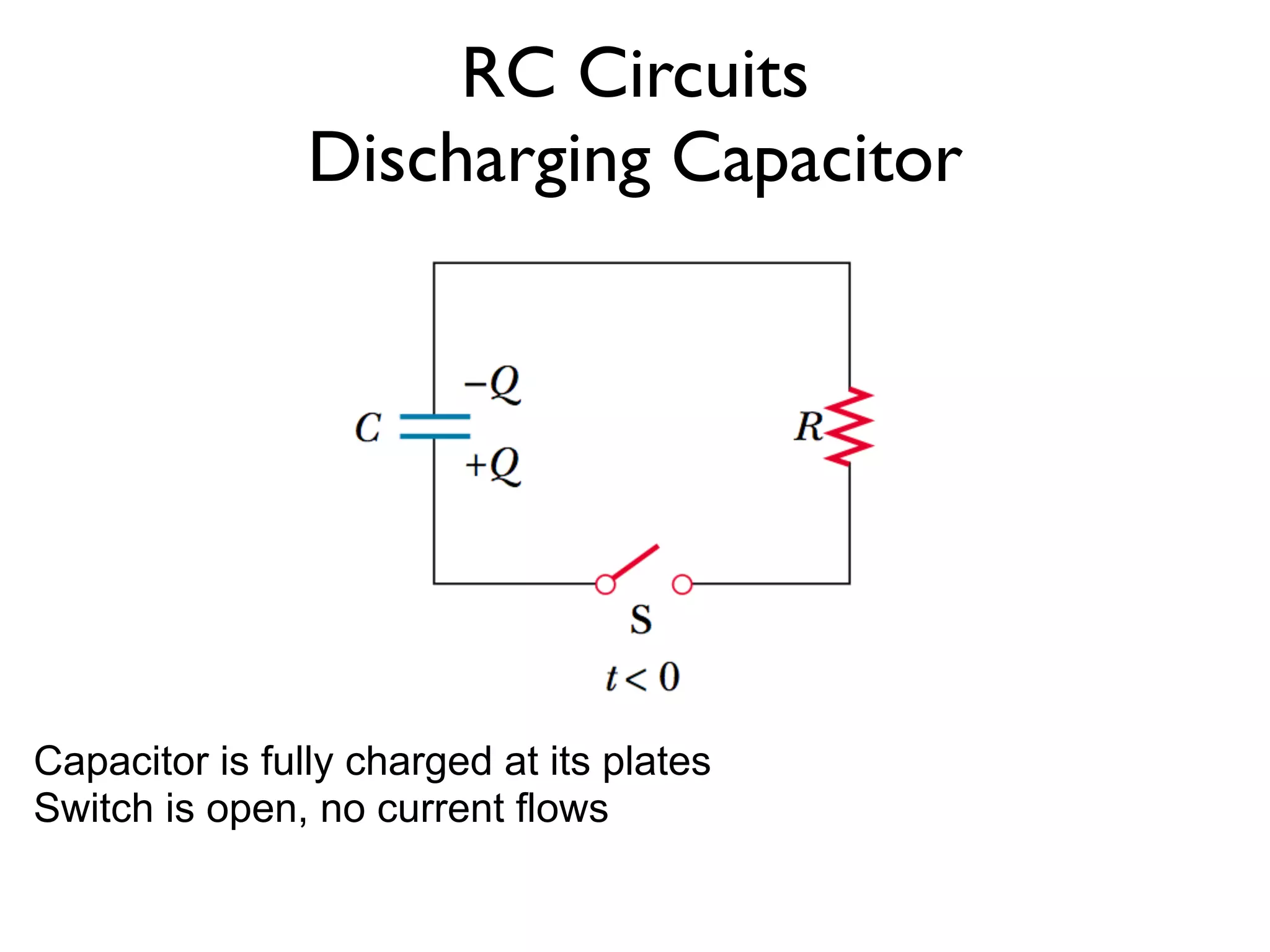 RC Circuits
                Discharging Capacitor




Capacitor is fully charged at its plates
Switch is open, no current flows
 