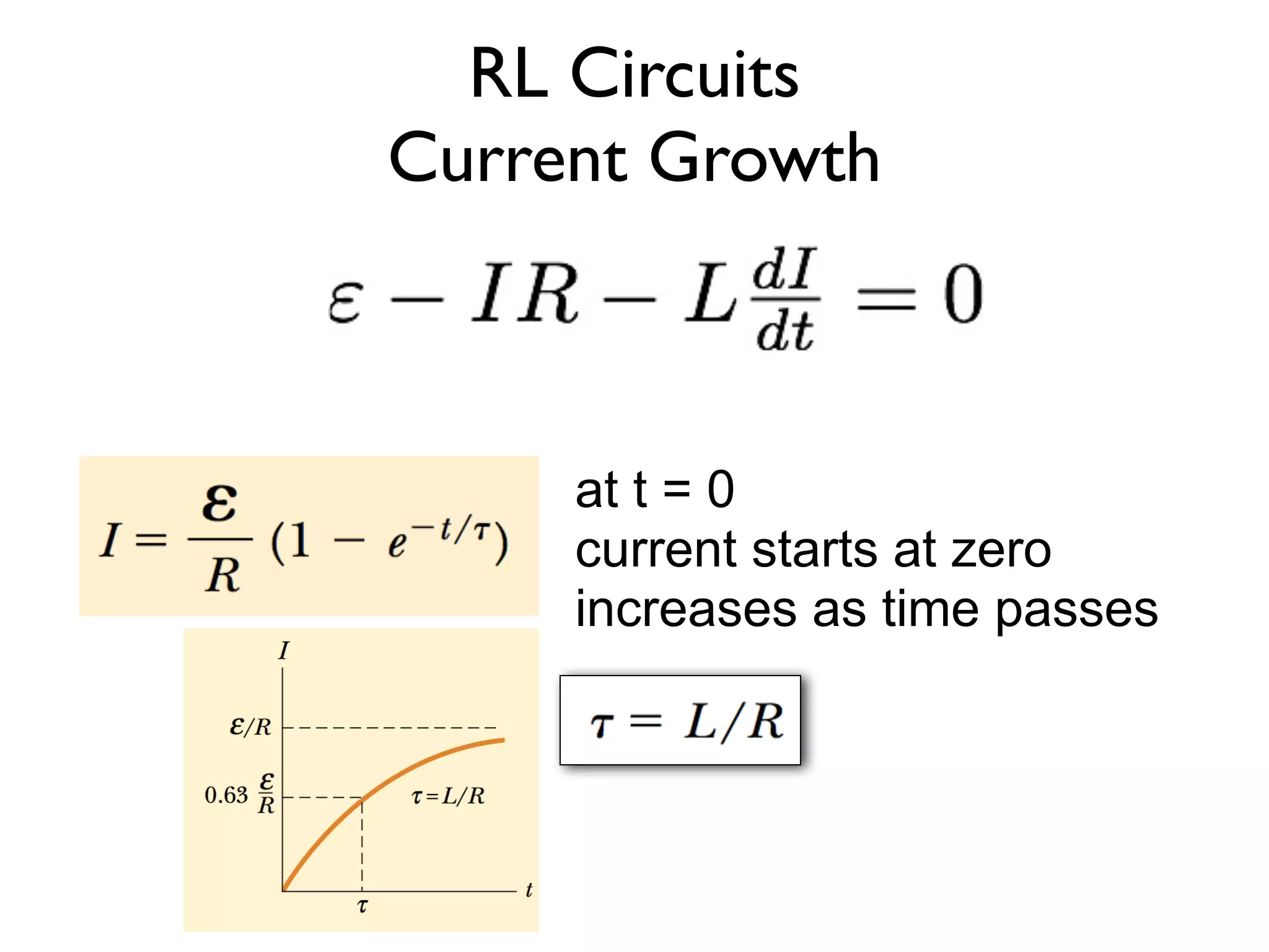 RL Circuits
Current Growth



     at t = 0
     current starts at zero
     increases as time passes
 