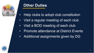 14
Other Duties
• Help clubs to adopt club constitution
• Visit a regular meeting of each club
• Visit a BOD meeting of each club
• Promote attendance at District Events
• Additional assignments given by DG
 