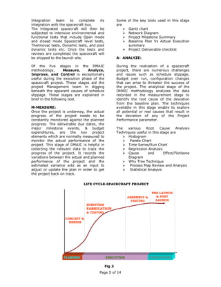 Integration    team    to   complete  its            Some of the key tools used in this stage
integration with the spacecraft bus.                 are
The integrated spacecraft will then be                    Gantt chart
subjected to intensive environmental and                  Network Diagram
functional tests that include Open mode                   Project Milestone Summary
and closed mode Spacecraft level tests,                   Baseline Plan Vs Actual Execution
Thermovac tests, Dynamic tests, and post                  summary
dynamic tests etc. Once the tests and                     Project Deliverable checklist
reviews are completed the spacecraft will
be shipped to the launch site.                       A- ANALYZE:

Of the five stages in the DMAIC                      During the realization of a spacecraft
methodology,        Measure,   Analyze,              project, there are numerous challenges
Improve, and Control is exceptionally                and issues such as schedule slippage,
useful during the execution phase of the             Budget over run, configuration changes
spacecraft project. These stages aid the             that can arise to threaten the success of
project Management team in digging                   the project. The analytical stage of the
beneath the apparent causes of schedule              DMAIC methodology analyzes the data
slippage. These stages are explained in              recorded in the measurement stage to
brief in the following text.                         identify the root cause of the deviation
                                                     from the baseline plan. The techniques
M-MEASURE:                                           available in this stage enable to explore
Once the project is underway, the actual             all potential or real causes that result in
progress of the project needs to be                  the deviation of any of the Project
constantly monitored against the planned             Performance parameter.
progress. The deliverable due dates, the
major milestone events, & budget                     The   various     Root    Cause     Analysis
expenditures,    are   the  key project              Techniques useful in this stage are
elements which are normally measured to                    Histogram
monitor the actual performance of the                       Pareto Chart
project. This stage of DMAIC is helpful in                 Time Series/Run Chart
collecting the relevant data to track the                  Regression Analysis
progress of the project. It records the                    Cause        and      Effect/Fishbone
variations between the actual and planned                  Diagram
performance of the project and the                         Why Tree Technique
estimated variance acts as an input to                      Process Map Review and Analysis
adjust or update the plan in order to get                   Statistical Analysis
the project back on track.

                              LIFE CYCLE-SPACECRAFT PROJECT

                                                                          PRE LAUNCH
                                                           ASSEMBLY &       & POST
                                                             TESTING        LAUNCH
                               SUBSYTEM
                               FABRICATION
                               & TESTING

                   CONCEPT &
                     DESIGN




                  PLANNING                   EXECUTION                  COMPLETION

                                             Fig 3
                                       Page 5 of 14
 