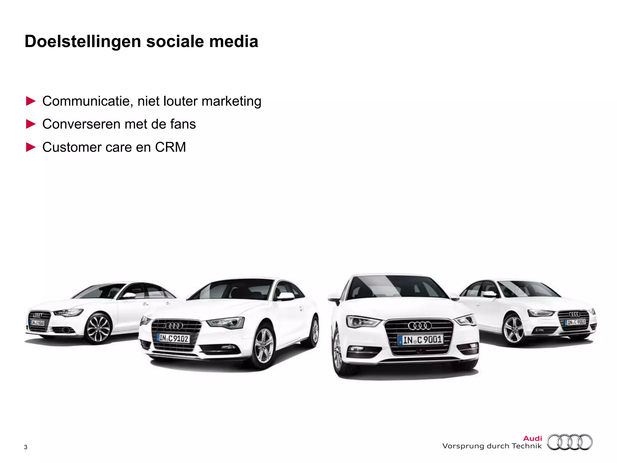 Doelstellingen sociale media
►  Communicatie, niet louter marketing
►  Converseren met de fans
►  Customer care en CRM

3

 