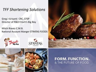 TFF Shortening Solutions
Greg J Grisanti CRC, CFSP
Director of R&D Frisch’s Big Boy
Mitch Riavez C.M.B.
National Account Manger STRATAS FOODS
 