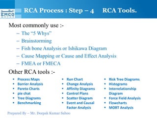 Prepared By – Mr. Deepak Kumar Sahoo
Most commonly use :-
– The “5 Whys”
– Brainstorming
– Fish bone Analysis or Ishikawa Diagram
– Cause Mapping or Cause and Effect Analysis
– FMEA or FMECA
Other RCA tools :-
RCA Process : Step – 4 RCA Tools.
 Process Maps
 Barrier Analysis
 Pareto Charts
 pie chat
 Tree Diagrams
 Benchmarking
 Run Chart
 Change Analysis
 Affinity Diagrams
 Control Plans
 Scatter Diagram
 Event and Causal
Factor Analysis
 Risk Tree Diagrams
 Histograms
 Interrelationship
Diagram
 Force Field Analysis
 Flowcharts
 MORT Analysis
 