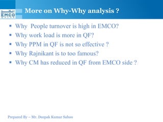 More on Why-Why analysis ?

   Why People turnover is high in EMCO?
   Why work load is more in QF?
   Why PPM in QF is not so effective ?
   Why Rajnikant is to too famous?
   Why CM has reduced in QF from EMCO side ?




Prepared By – Mr. Deepak Kumar Sahoo
 