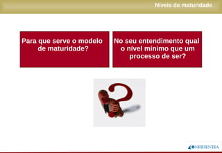 Novembro/2005
Níveis de maturidade
No seu entendimento qual
o nível mínimo que um
processo de ser?
Para que serve o modelo
de maturidade?
 