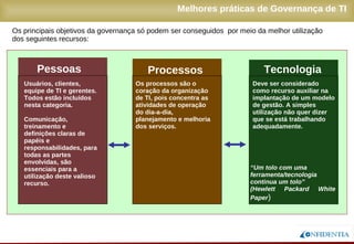 Novembro/2005
TecnologiaPessoas Processos
Os principais objetivos da governança só podem ser conseguidos por meio da melhor utilização
dos seguintes recursos:
Usuários, clientes,
equipe de TI e gerentes.
Todos estão incluídos
nesta categoria.
Comunicação,
treinamento e
definições claras de
papéis e
responsabilidades, para
todas as partes
envolvidas, são
essenciais para a
utilização deste valioso
recurso.
Os processos são o
coração da organização
de TI, pois concentra as
atividades de operação
do dia-a-dia,
planejamento e melhoria
dos serviços.
Deve ser considerado
como recurso auxiliar na
implantação de um modelo
de gestão. A simples
utilização não quer dizer
que se está trabalhando
adequadamente.
“Um tolo com uma
ferramenta/tecnologia
continua um tolo”
(Hewlett Packard White
Paper)
Melhores práticas de Governança de TI
 