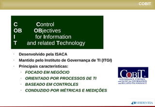 Novembro/2005
• Desenvolvido pela ISACA
• Mantido pelo Instituto de Governança de TI (ITGI)
• Principais características:
• FOCADO EM NEGÓCIO
• ORIENTADO POR PROCESSOS DE TI
• BASEADO EM CONTROLES
• CONDUZIDO POR MÉTRICAS E MEDIÇÕES
C Control
OB OBjectives
I for Information
T and related Technology
COBIT
 