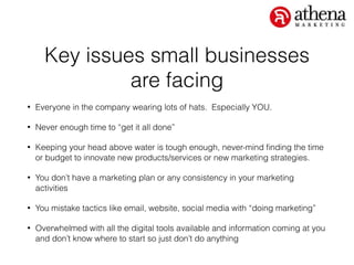 Key issues small businesses
are facing
• Everyone in the company wearing lots of hats. Especially YOU.
• Never enough time to “get it all done”
• Keeping your head above water is tough enough, never-mind ﬁnding the time
or budget to innovate new products/services or new marketing strategies.
• You don’t have a marketing plan or any consistency in your marketing
activities
• You mistake tactics like email, website, social media with “doing marketing”
• Overwhelmed with all the digital tools available and information coming at you
and don’t know where to start so just don’t do anything
 