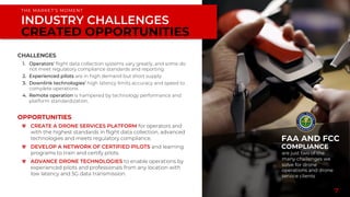 CHALLENGES.
1. Operators' flight data collection systems vary greatly, and some do
not meet regulatory compliance standards and reporting
2. Experienced pilots are in high demand but short supply
3. Downlink technologies’ high latency limits accuracy and speed to
complete operations
4. Remote operation is hampered by technology performance and
platform standardization.
INDUSTRY CHALLENGES
CREATED OPPORTUNITIES
THE MARKET’S MOMENT
OPPORTUNITIES
CREATE A DRONE SERVICES PLATFORM for operators and
with the highest standards in flight data collection, advanced
technologies and meets regulatory compliance.
DEVELOP A NETWORK OF CERTIFIED PILOTS and learning
programs to train and certify pilots.
ADVANCE DRONE TECHNOLOGIES to enable operations by
experienced pilots and professionals from any location with
low latency and 5G data transmission.
FAA AND FCC
COMPLIANCE
are just two of the
many challenges we
solve for drone
operations and drone
service clients
7
 