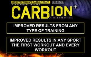 IMPROVED RESULTS FROM ANY 
TYPE OF TRAINING 
IMPROVED RESULTS IN ANY SPORT 
THE FIRST WORKOUT AND EVERY 
WORKOUT 
 
