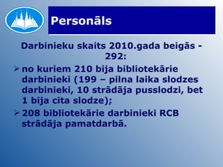 Personāls Darbinieku skaits 2010.gada beigās - 292: no kuriem 210 bija bibliotekārie darbinieki (199 – pilna laika slodzes darbinieki, 10 strādāja pusslodzi, bet 1 bija cita slodze); 208 bibliotekārie darbinieki RCB strādāja pamatdarbā. 
