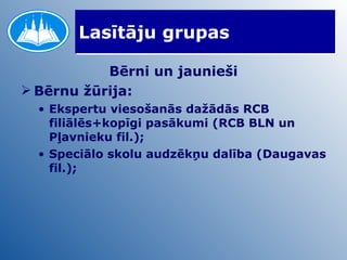 Lasītāju grupas Bērni un jaunieši Bērnu žūrija: Ekspertu viesošanās dažādās RCB filiālēs+kopīgi pasākumi (RCB BLN un Pļavnieku fil.); Speciālo skolu audzēkņu dalība (Daugavas fil.); 
