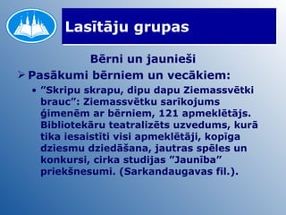 Lasītāju grupas Bērni un jaunieši Pasākumi bērniem un vecākiem: ” Skripu skrapu, dipu dapu Ziemassvētki brauc”: Ziemassvētku sarīkojums ģimenēm ar bērniem, 121 apmeklētājs. Bibliotekāru teatralizēts uzvedums, kurā tika iesaistīti visi apmeklētāji, kopīga dziesmu dziedāšana, jautras spēles un konkursi, cirka studijas ”Jaunība” priekšnesumi. (Sarkandaugavas fil.). 