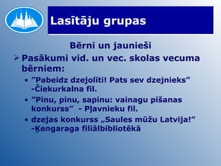 Lasītāju grupas Bērni un jaunieši Pasākumi vid. un vec. skolas vecuma bērniem: ” Pabeidz dzejolīti! Pats sev dzejnieks” -Čiekurkalna fil. ” Pinu, pinu, sapinu: vainagu pīšanas konkurss”  - Pļavnieku fil. dzejas konkurss „Saules mūžu Latvija!” -Ķengaraga filiālbibliotēkā 