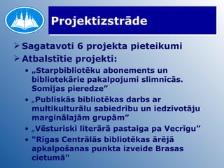 Projektizstrāde Sagatavoti 6 projekta pieteikumi Atbalstītie projekti: „ Starpbibliotēku abonements un bibliotekārie pakalpojumi slimnīcās. Somijas pieredze” „ Publiskās bibliotēkas darbs ar multikulturālu sabiedrību un iedzīvotāju marginālajām grupām” „ Vēsturiski literārā pastaiga pa Vecrīgu” "Rīgas Centrālās bibliotēkas ārējā apkalpošanas punkta izveide Brasas cietumā" 