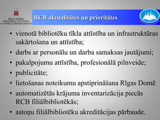 RCB aktualitātes un prioritātes

• vienotā bibliotēku tīkla attīstība un infrastruktūras
  sakārtošana un attīstība;
• darbs ar personālu un darba samaksas jautājumi;
• pakalpojumu attīstība, profesionālā pilnveide;
• publicitāte;
• lietošanas noteikumu apstiprināšana Rīgas Domē
• automatizētās krājuma inventarizācija piecās
  RCB filiālbibliotēkās;
• astoņu filiālbibliotēku akreditācijas pārbaude.
 