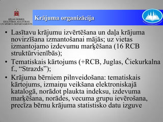 Krājuma organizācija

• Lasītavu krājumu izvērtēšana un daļa krājuma
  novirzīšana izmantošanai mājās; uz vietas
  izmantojamo izdevumu marķēšana (16 RCB
  struktūrvienībās);
• Tematiskais kārtojums (+RCB, Juglas, Čiekurkalna
  f., “Strazds”);
• Krājuma bērniem pilnveidošana: tematiskais
  kārtojums, izmaiņu veikšana elektroniskajā
  katalogā, norādot plaukta indeksu, izdevuma
  marķēšana, norādes, vecuma grupu ievērošana,
  precīza bērnu krājuma statistisko datu izguve
 
