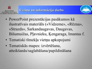 Uzziņu un informāciju darbs

• PowerPoint prezentācijas pasākumos kā
  ilustratīvais materiāls («Vidzeme», «Rēzna»,
  «Strazds», Sarkandaugavas, Daugavas,
  Bišumuižas, Pļavnieku, Ķengaraga, Imantas f.
• Tematiski tīmekļa vietņu apkopojumi
• Tematiskās mapes: izvērtēšana,
  atteikšanās/saglabāšana/papildināšana
 