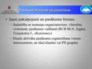 Pasākumi bērniem un jauniešiem

• Jauni pakalpojumi un pasākumu formas:
  – Sadarbība ar nometņu organizatoriem, viktorīnu
    veidošanā, pasākumu vadīšanā (RCB BLN, Juglas,
    Torņakalna f., «Kurzeme»)
  – Daudz aktīvāka pasākumu organizēšana visiem
    interesentiem, ne tikai klasēm vai PII grupām
 