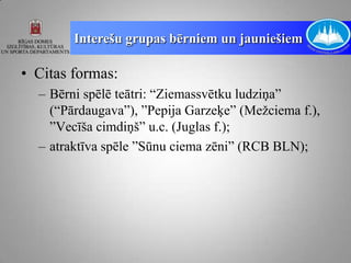Interešu grupas bērniem un jauniešiem

• Citas formas:
  – Bērni spēlē teātri: “Ziemassvētku ludziņa”
    (“Pārdaugava”), ”Pepija Garzeķe” (Mežciema f.),
    ”Vecīša cimdiņš” u.c. (Juglas f.);
  – atraktīva spēle ”Sūnu ciema zēni” (RCB BLN);
 