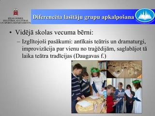 Diferencēta lasītāju grupu apkalpošana

• Vidējā skolas vecuma bērni:
  – Izglītojoši pasākumi: antīkais teātris un dramaturgi,
    improvizācija par vienu no traģēdijām, saglabājot tā
    laika teātra tradīcijas (Daugavas f.)
 