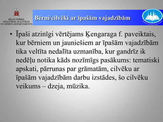 Bērni/cilvēki ar īpašām vajadzībām

• Īpaši atzinīgi vērtējams Ķengaraga f. paveiktais,
  kur bērniem un jauniešiem ar īpašām vajadzībām
  tika veltīta nedalīta uzmanība, kur gandrīz ik
  nedēļu notika kāds nozīmīgs pasākums: tematiski
  apskati, pārrunas par grāmatām, cilvēku ar
  īpašām vajadzībām darbu izstādes, šo cilvēku
  veikums – dzeja, mūzika.
 