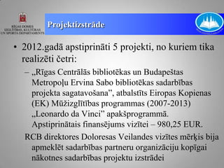 Projektizstrāde

• 2012.gadā apstiprināti 5 projekti, no kuriem tika
  realizēti četri:
  – „Rīgas Centrālās bibliotēkas un Budapeštas
    Metropoļu Ervina Sabo bibliotēkas sadarbības
    projekta sagatavošana”, atbalstīts Eiropas Kopienas
    (EK) Mūžizglītības programmas (2007-2013)
    „Leonardo da Vinci” apakšprogrammā.
    Apstiprinātais finansējums vizītei – 980,25 EUR.
  RCB direktores Doloresas Veilandes vizītes mērķis bija
    apmeklēt sadarbības partneru organizāciju kopīgai
    nākotnes sadarbības projektu izstrādei
 