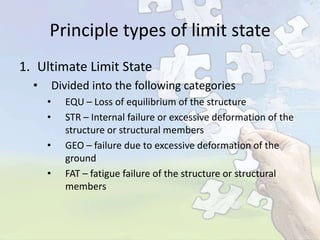 Principle types of limit state
1. Ultimate Limit State
•

Divided into the following categories
•
•
•
•

EQU – Loss of equilibrium of the structure
STR – Internal failure or excessive deformation of the
structure or structural members
GEO – failure due to excessive deformation of the
ground
FAT – fatigue failure of the structure or structural
members

 