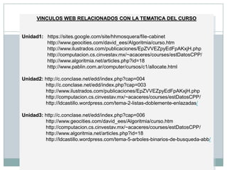 El 40% del curso se evaluara por proyecto finalPRACTICAS DE LABORATORIOPRÁCTICA DE LA UNIDAD UNO: Memoria dinámica.PRÁCTICA No. 1 Aplicación de la memoria dinámica.PRACTICA DE LA UNIDAD DOS: Estructura de datos lineales.PRÁCTICA No. 2: Aplicación a las estructuras de datos lineales.PRÁCTICA DE LA UNIDAD TRES:PRÁCTICA No. 3: Aplicación las estructuras de datos no lineales.SOFTWARE SUGERIDO A UTILIZAR EN LAS PRÁCTICAS:Compilador C++ 3.0 Compilador Borland C++.DURACIÓN DE LA PRÁCTICA Cuatro (4) horas. Para un total de 12.Lugar de practicas: Santander de Quilichao.valoración individual del componente práctico: Presentar y sustentar ante el Tutor la solución al supuesto semántico presentado como aplicación a la temática de cada unidad, por medio de Programas desarrollados y codificados en C++.La valoración total del componente práctico: oscilará en la escala entre (0 y 30 puntos) siendo 30 puntos la valoración más alta, que equivaldría a sacar una nota (5.0), se debe tener en cuenta el desempeño individual y el producto final entregado para cada práctica.  