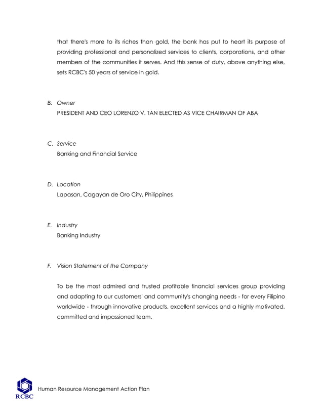Human Resource Action Plan Rizal Commercial Banking Corporation 
