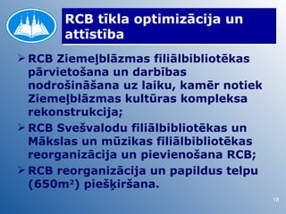 RCB tīkla optimizācija un
       attīstība
 RCB Ziemeļblāzmas filiālbibliotēkas
  pārvietošana un darbības
  nodrošināšana uz laiku, kamēr notiek
  Ziemeļblāzmas kultūras kompleksa
  rekonstrukcija;
 RCB Svešvalodu filiālbibliotēkas un
  Mākslas un mūzikas filiālbibliotēkas
  reorganizācija un pievienošana RCB;
 RCB reorganizācija un papildus telpu
  (650m2) piešķiršana.
                                         18
 