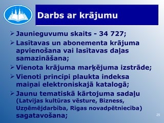 Darbs ar krājumu

 Jaunieguvumu skaits - 34 727;
 Lasītavas un abonementa krājuma
  apvienošana vai lasītavas daļas
  samazināšana;
 Vienota krājuma marķējuma izstrāde;
 Vienoti principi plaukta indeksa
  maiņai elektroniskajā katalogā;
 Jaunu tematiskā kārtojuma sadaļu
 (Latvijas kultūras vēsture, Bizness,
 Uzņēmējdarbība, Rīgas novadpētniecība)
 sagatavošana;                            25
 