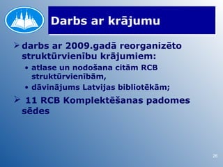 Darbs ar krājumu

 darbs ar 2009.gadā reorganizēto
  struktūrvienību krājumiem:
  • atlase un nodošana citām RCB
    struktūrvienībām,
  • dāvinājums Latvijas bibliotēkām;
 11 RCB Komplektēšanas padomes
 sēdes




                                       26
 