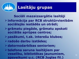 Lasītāju grupas

      Sociāli mazaizsargātie lasītāji
 informācija par RCB struktūrvienībām
  sociālajās iestādēs un otrādi;
 grāmatu piegāde, grāmatu apskati
  sociālās aprūpes centros;
 pasākumi, t.sk. interešu klubos;
 radošo darbu izstādes;
 datornodarbības senioriem;
 telefona saruna lasītājiem par
  veselību, bibliotēkas jaunumiem,       33
  apsveikumi u.c. (RCB Juglas fil.)
 