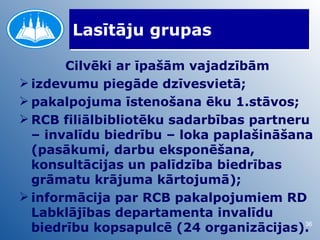 Lasītāju grupas

       Cilvēki ar īpašām vajadzībām
 izdevumu piegāde dzīvesvietā;
 pakalpojuma īstenošana ēku 1.stāvos;
 RCB filiālbibliotēku sadarbības partneru
  – invalīdu biedrību – loka paplašināšana
  (pasākumi, darbu eksponēšana,
  konsultācijas un palīdzība biedrības
  grāmatu krājuma kārtojumā);
 informācija par RCB pakalpojumiem RD
  Labklājības departamenta invalīdu
  biedrību kopsapulcē (24 organizācijas).36
 