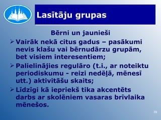 Lasītāju grupas

             Bērni un jaunieši
 Vairāk nekā citus gadus – pasākumi
  nevis klašu vai bērnudārzu grupām,
  bet visiem interesentiem;
 Palielinājies regulāro (t.i., ar noteiktu
  periodiskumu - reizi nedēļā, mēnesī
  utt.) aktivitāšu skaits;
 Līdzīgi kā iepriekš tika akcentēts
  darbs ar skolēniem vasaras brīvlaika
  mēnešos.
                                              39
 