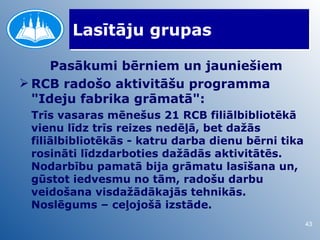Lasītāju grupas

     Pasākumi bērniem un jauniešiem
 RCB radošo aktivitāšu programma
  "Ideju fabrika grāmatā":
 Trīs vasaras mēnešus 21 RCB filiālbibliotēkā
 vienu līdz trīs reizes nedēļā, bet dažās
 filiālbibliotēkās - katru darba dienu bērni tika
 rosināti līdzdarboties dažādās aktivitātēs.
 Nodarbību pamatā bija grāmatu lasīšana un,
 gūstot iedvesmu no tām, radošu darbu
 veidošana visdažādākajās tehnikās.
 Noslēgums – ceļojošā izstāde.
                                                    43
 