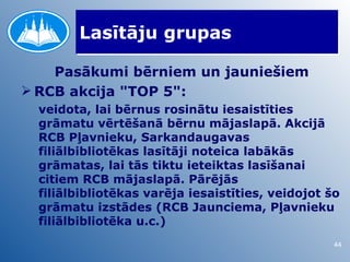 Lasītāju grupas

    Pasākumi bērniem un jauniešiem
 RCB akcija "TOP 5":
  veidota, lai bērnus rosinātu iesaistīties
  grāmatu vērtēšanā bērnu mājaslapā. Akcijā
  RCB Pļavnieku, Sarkandaugavas
  filiālbibliotēkas lasītāji noteica labākās
  grāmatas, lai tās tiktu ieteiktas lasīšanai
  citiem RCB mājaslapā. Pārējās
  filiālbibliotēkas varēja iesaistīties, veidojot šo
  grāmatu izstādes (RCB Jaunciema, Pļavnieku
  filiālbibliotēka u.c.)
                                                   44
 