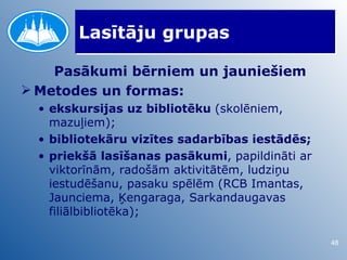 Lasītāju grupas

    Pasākumi bērniem un jauniešiem
 Metodes un formas:
  • ekskursijas uz bibliotēku (skolēniem,
    mazuļiem);
  • bibliotekāru vizītes sadarbības iestādēs;
  • priekšā lasīšanas pasākumi, papildināti ar
    viktorīnām, radošām aktivitātēm, ludziņu
    iestudēšanu, pasaku spēlēm (RCB Imantas,
    Jaunciema, Ķengaraga, Sarkandaugavas
    filiālbibliotēka);

                                                 48
 
